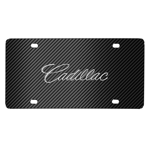 iPick Image for Cadillac Script 3D Logo on Black Carbon Fiber Pattern Stainless Steel License Plate, Official Licensed
