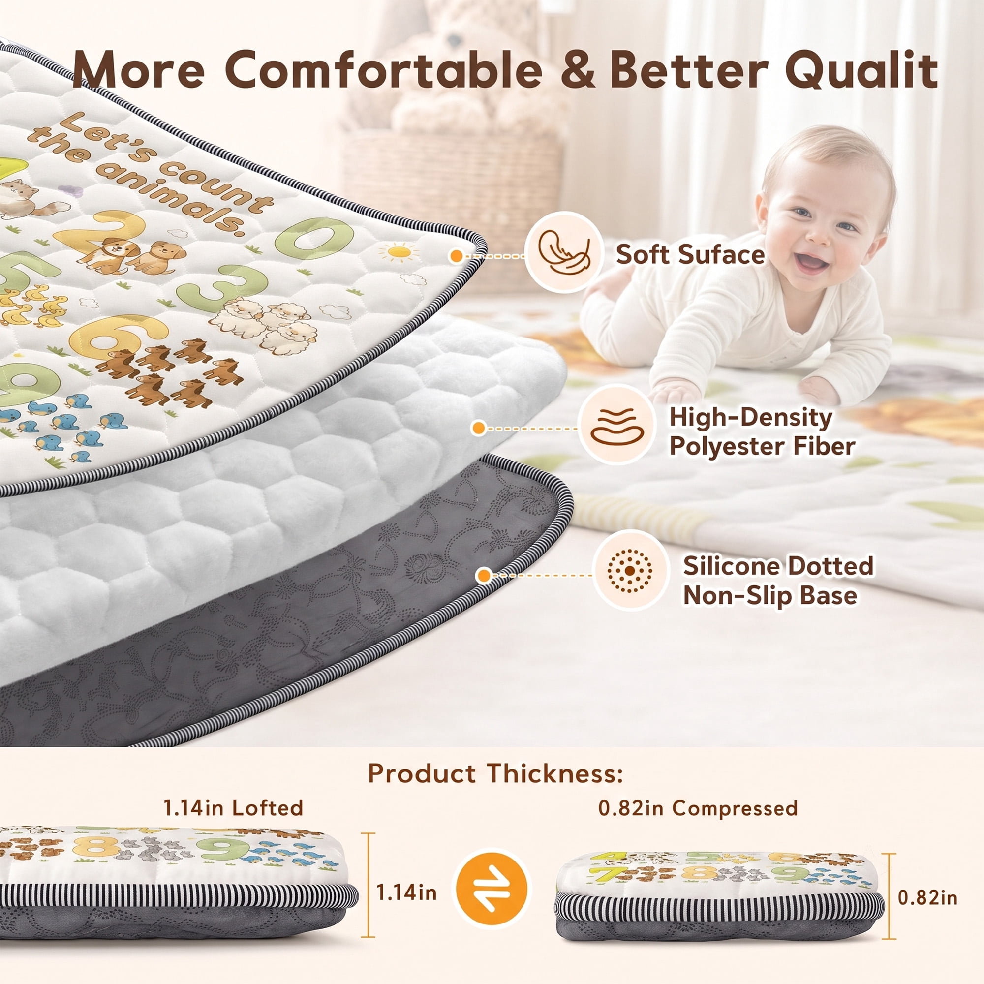 BEAUTYPEAK Baby Play Mat, 50"x50" Mat Perfect for Use Baby Playpen,Non-Slip Foldable Mat for Toddlers and Babies