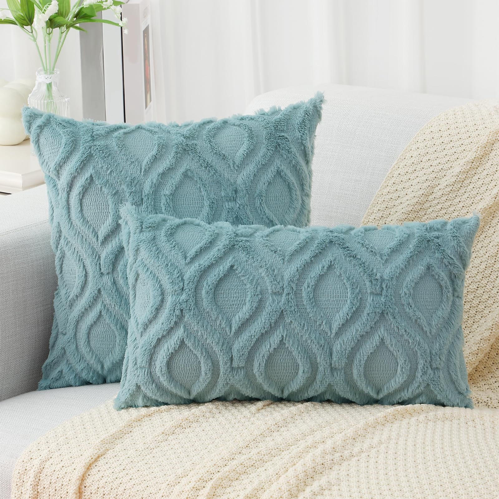 decorUhome Pack of 2 Throw Pillow Covers 22x22, Soft Plush Faux Wool Couch Pillow Covers, Aqua (Pillow Cover Only, No Inserts Included)