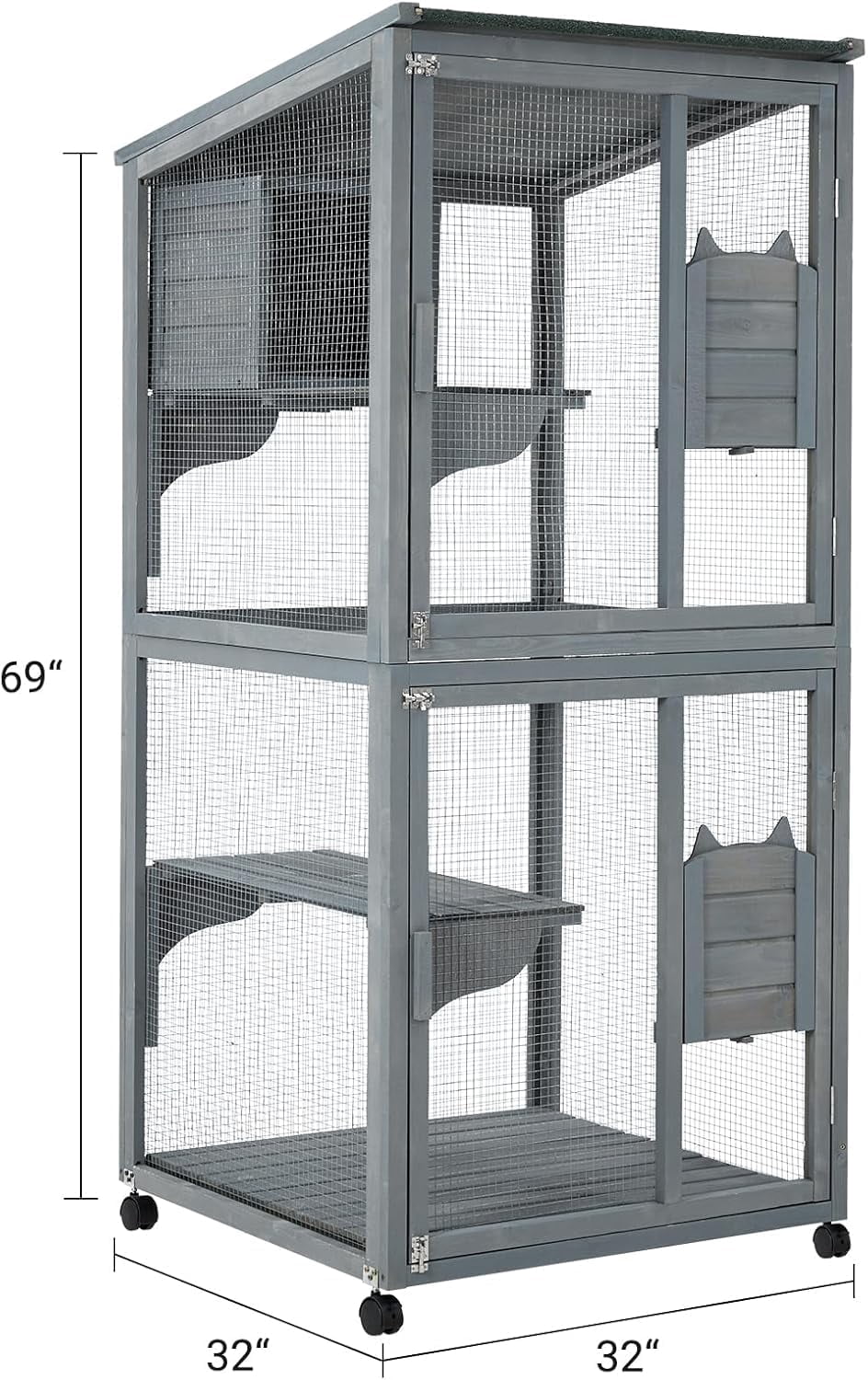 Luku 69-Inch Catio, Wooden Cat Enclosure, 4-Tier Cat House w/Waterproof Roof, Removable Tray, Nesting Box and Lockable Caster, Indoor and Outdoor Use
