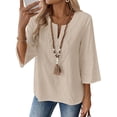 thumbnail image 2 of Women's Cotton Linen 3/4 Sleeve V Neck Lace Blouse Loose Fit Casual, 2 of 8