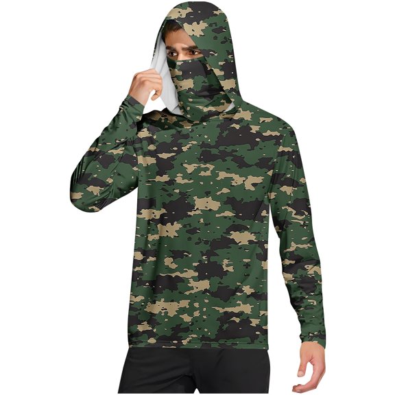 Dagegui Men's Long Sleeve Camo Shirt with Built-in UV Face Protection Summer UPF 50 Shirt Hoodie Lightweight Rash Mask Gym Tee Tops Army Green M