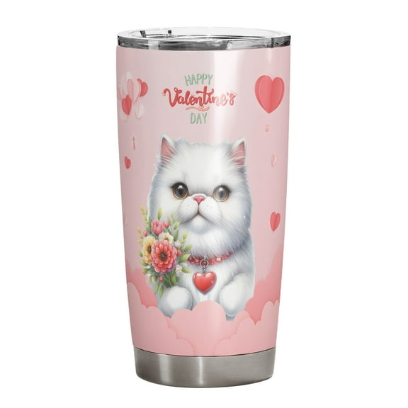 Happy Valentine's Day Persian holding flowers 20oz Stainless Steel Tumbler Insulated Cup with Lid Cat Lover Kitten Owner Gifts - 3005