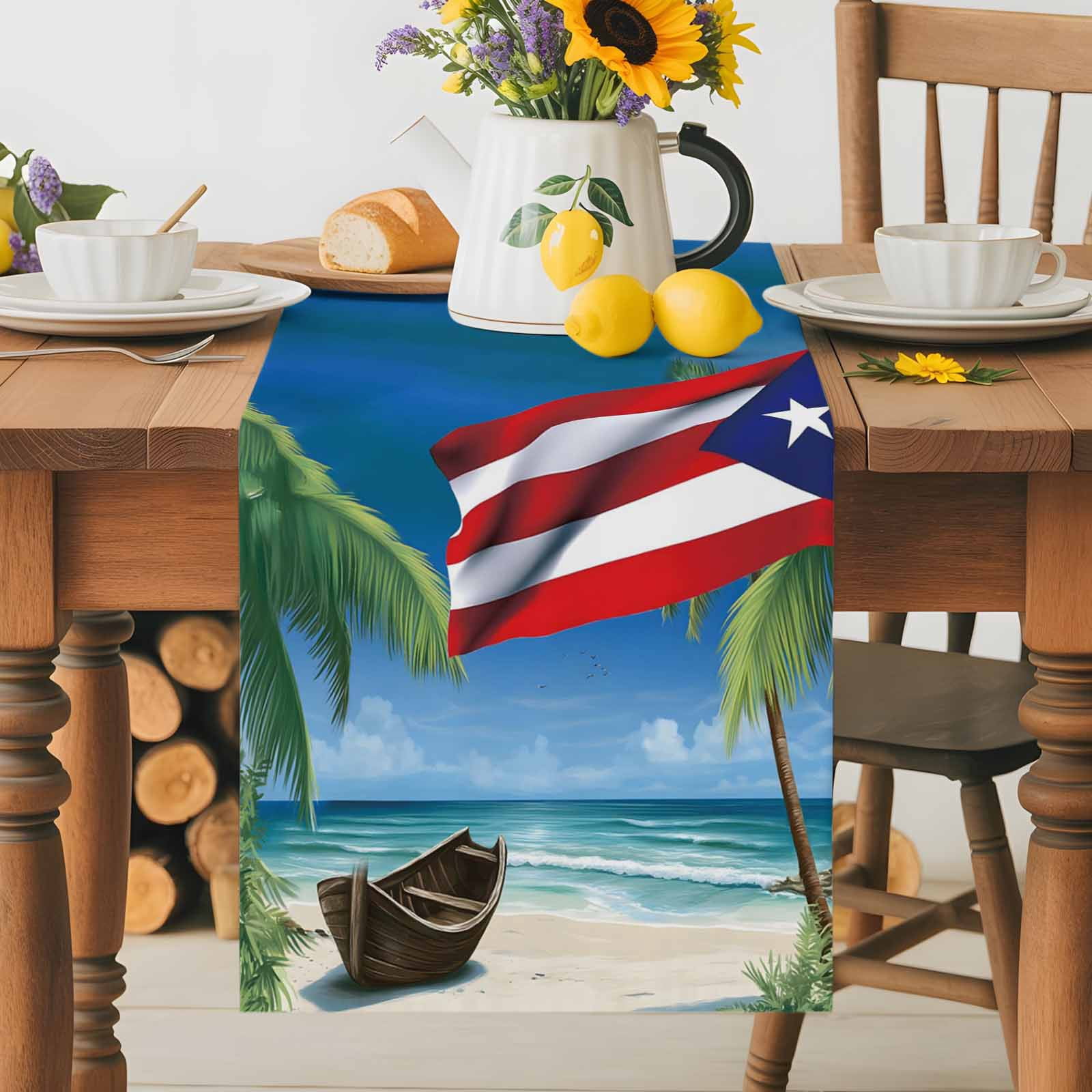 Beach Palm Trees Retro Flag Table Runner 90 Inches Long, Summer Ombre Ocean Waves Table Runners Tabletop Scarf Kitchen Dining Tables Decoration for Home Party Indoor Outdoor
