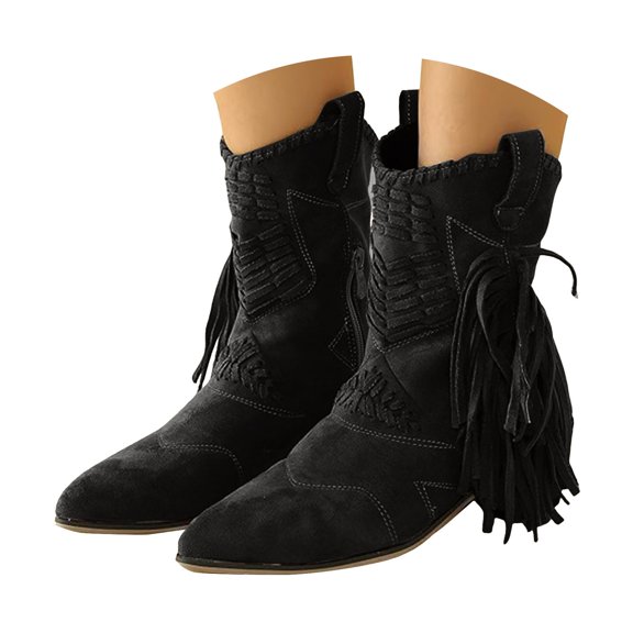 Chenyee Women's Suede Fringe Mid Calf Boots Pointed Toe Plush Casual Comfortable Woven Detail Dress Booties