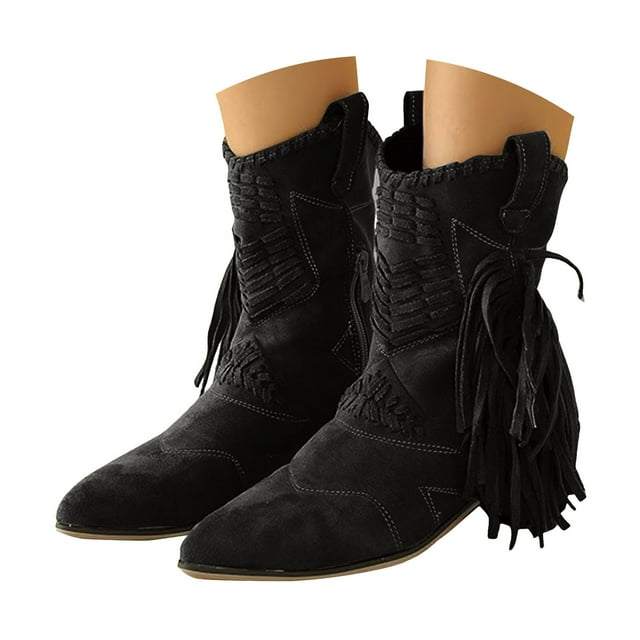 Leozcaa Bottes à Franges pour Femmes Clou Western à Franges Automne Hiver Cowgirl Mi-Mollet