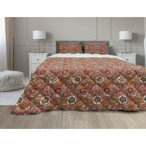 Ethnic Comforter & Sham Bedding Set, Oriental Style Botanical Flourishing Nature Pattern Motley Art Spring Theme, 3 pcs Duvet Set Microfiber Filling Quilt, 5 Sizes, Multicolor, by Ambesonne