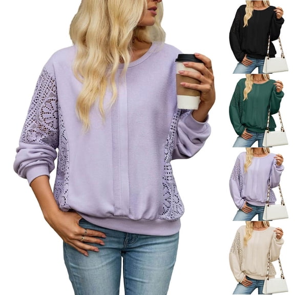 Bxsruta Womens Long Sleeve Tops Crew Neck Lace Patchwork Loose Casual Pullover Blouses