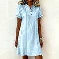 thumbnail image 5 of QUNYINEY Short Sleeve Womens Summer Casual Dresses Blue Mini Faux Cotton Linen A Line Dress Loose Fit V Neck Button Dresses, 5 of 6