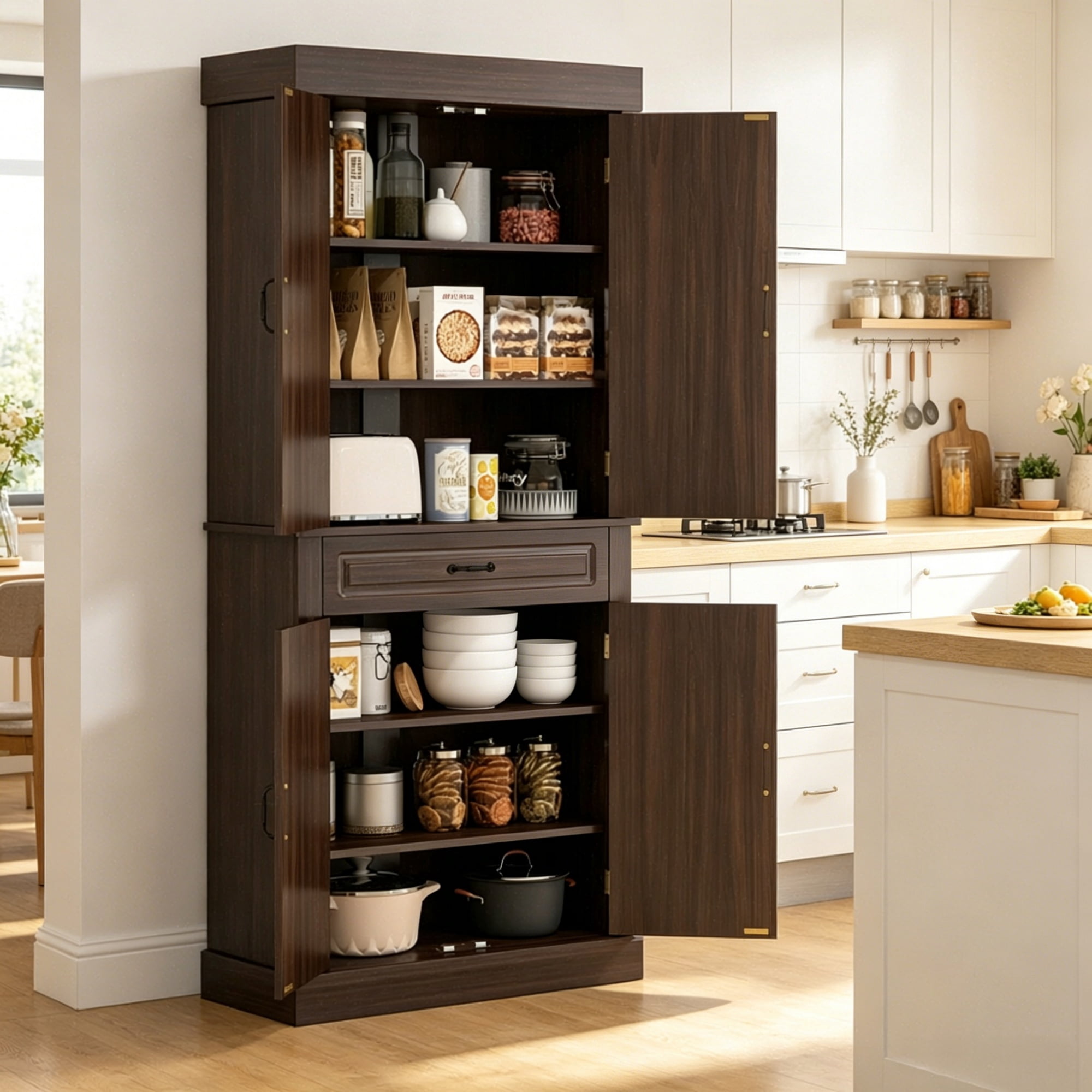 71" Freestanding Kitchen Pantry Cabinet with 4 Doors 2 Large Storage Cabinets And an Additional Drawer for Coffee & Kitchen Supplies