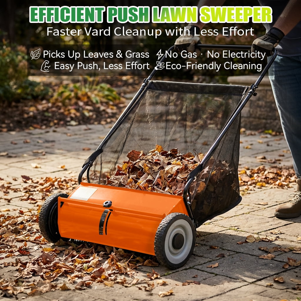 26" Push Lawn Sweeper, 7 cu.ft Large Capacity Yard Sweeper Push, Leaf Collector with Detachable Hopper, Rubber Wheels, Ergonomic Handle for Lawns, Yards & Gardens,Adjustable Height,Orange
