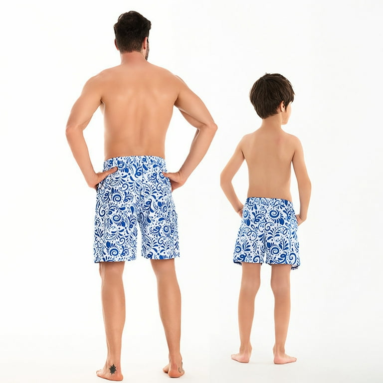 Xmarks Father Son Matching Swim Trunks Blue and White Porcelain Print Swimming Trunk Set Drawstring Elastic Waistband Beach Shorts with Pockets Daddy and Me Bathing Suits Walmart