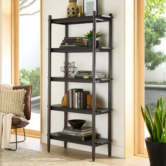 Better Homes & Gardens Springwood 5 Shelf Bookcase with Solid Wood Frame, Charcoal Finish