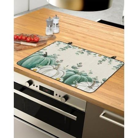 

Fall Thanksgiving Stove Top Covers for Electric Stove Heat Insulation Fireproof Glass Cooktop Cover Counter Top Glass Stove Cover 31 x24 Grey Teal Pumpkin Eucalyptus Leaves Rustic Burlap
