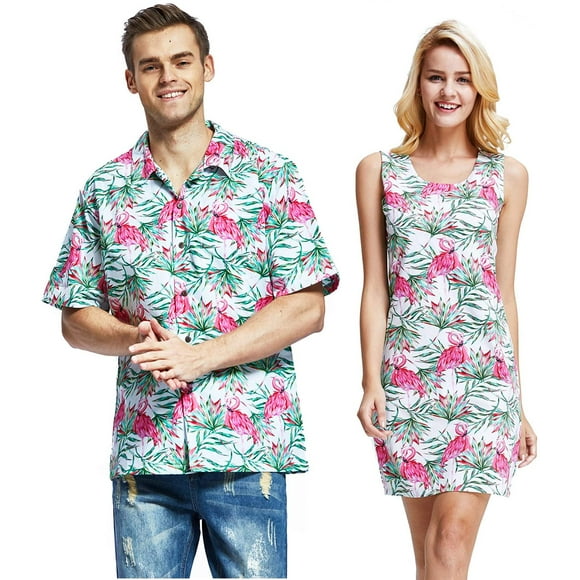 Couple Matching Hawaiian Luau Cruise Christmas Outfit Shirt Dress Flamingo in Love Men XL Women L
