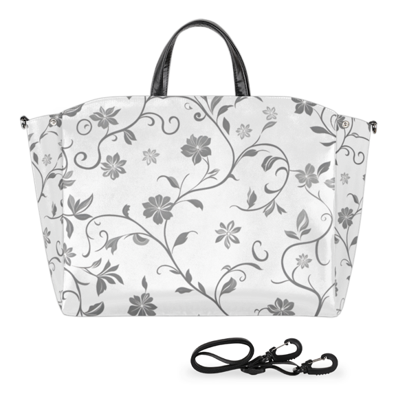 Large Capacity Tote Bag with Gray Floral Pattern, Water-Resistant Polyester Shoulder Bag & Crossbody Bag for Daily Use, Travel,Weekend