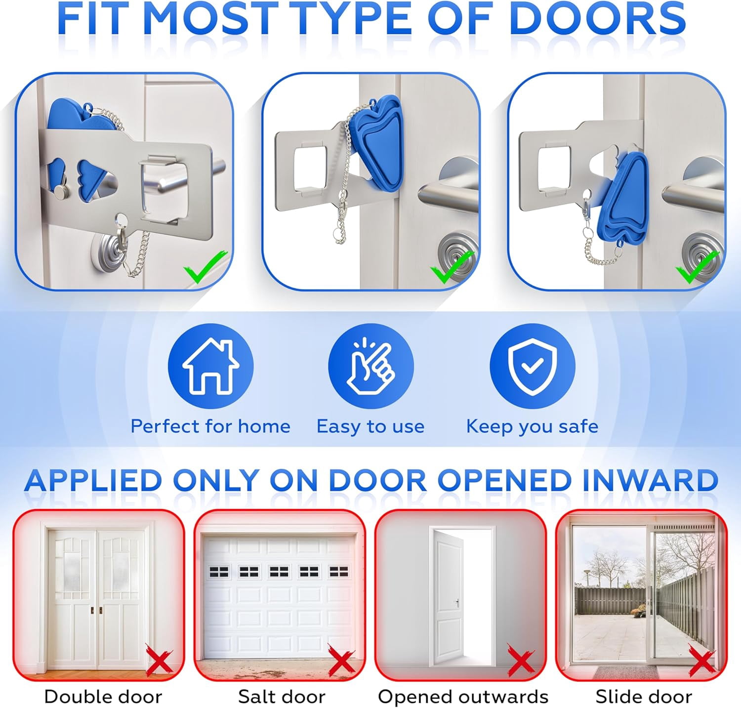 UnityProtect Door Stopper Set of 3 & Door Security Bar with Alarm and Portable Lock - Grey