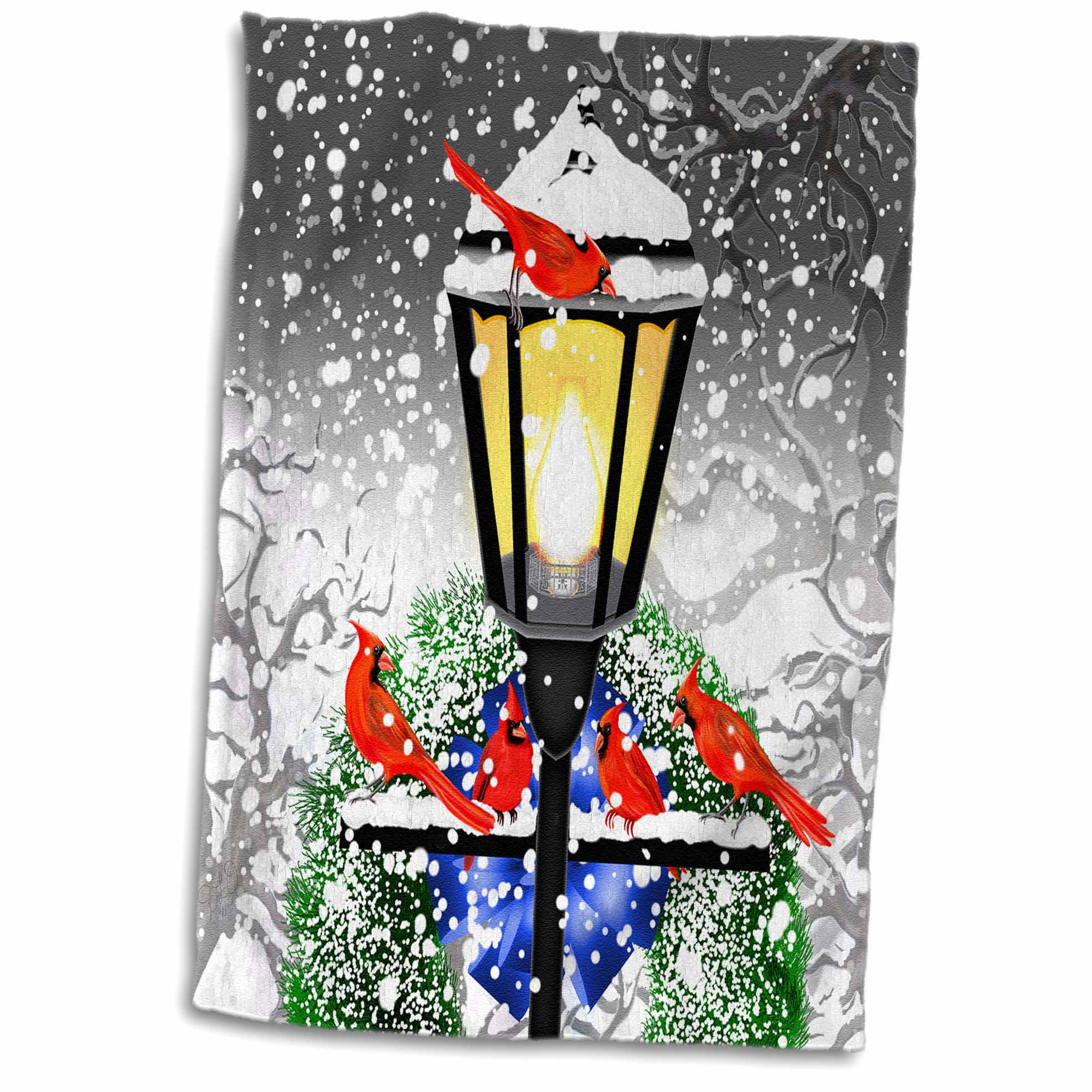 3dRose Christmas Street Lamp, Wreath, bow, snow and Red Cardinals in