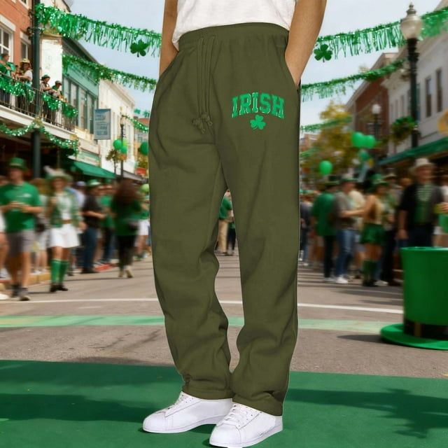 Ceisia Men's Trendy St. Patrick's Gift Day Print Elastic Waist Lacing Straight Casual Work Pants with Pockets