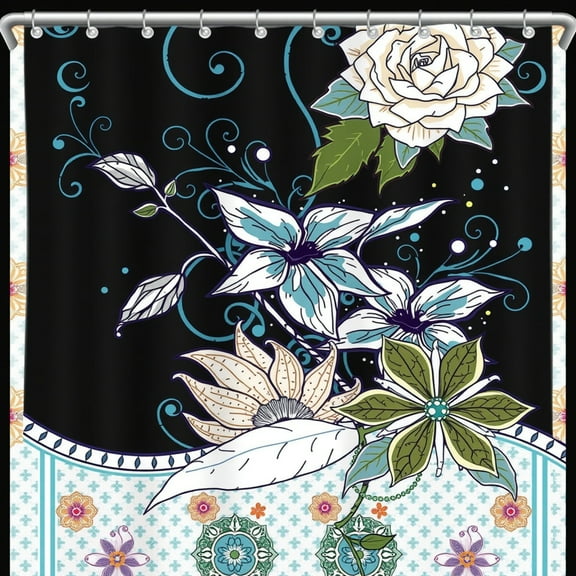 Vibrant Floral Shower Curtain - Black with Teal & White Design