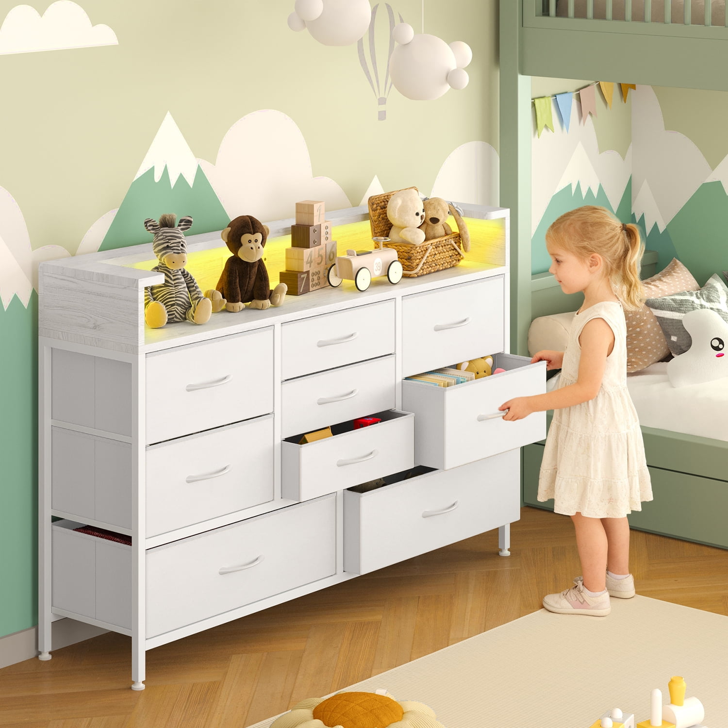 Tomnk woo White LED Dresser with 9 Drawers, Charging Station, PU Fabric Finish for Living Room, Hallway