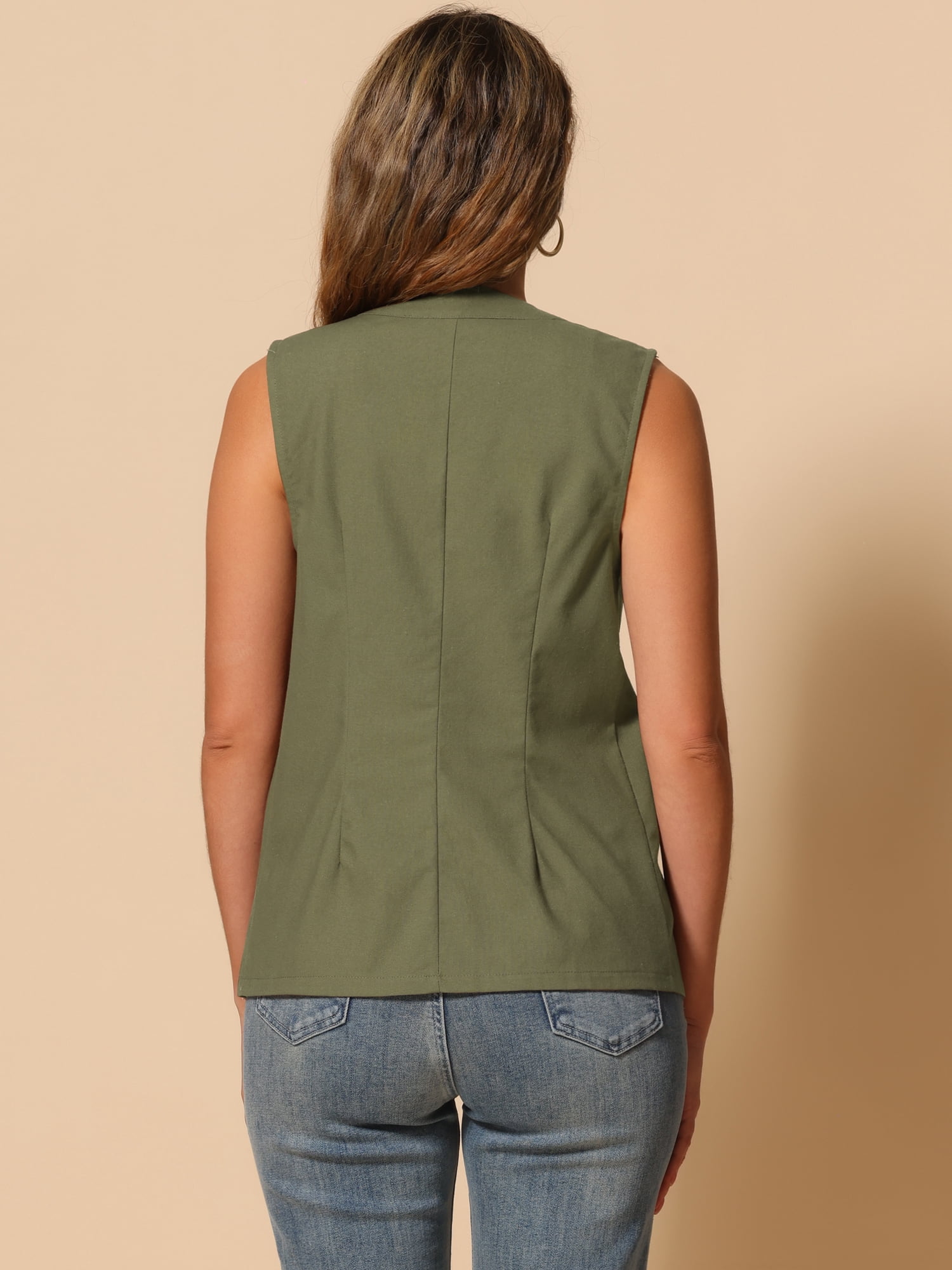 DARING DIVA Women's Cotton Linen V Neck Button Down Jacket Vest S Army Green