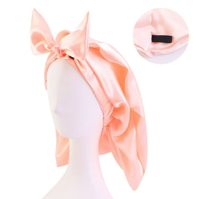SJENERT Adjustable Wide Satin Bonnet, Women's Turban Cap Long Cap Lady Hair Care Cap Knot Sunscreen Windproof Sleeping Cap