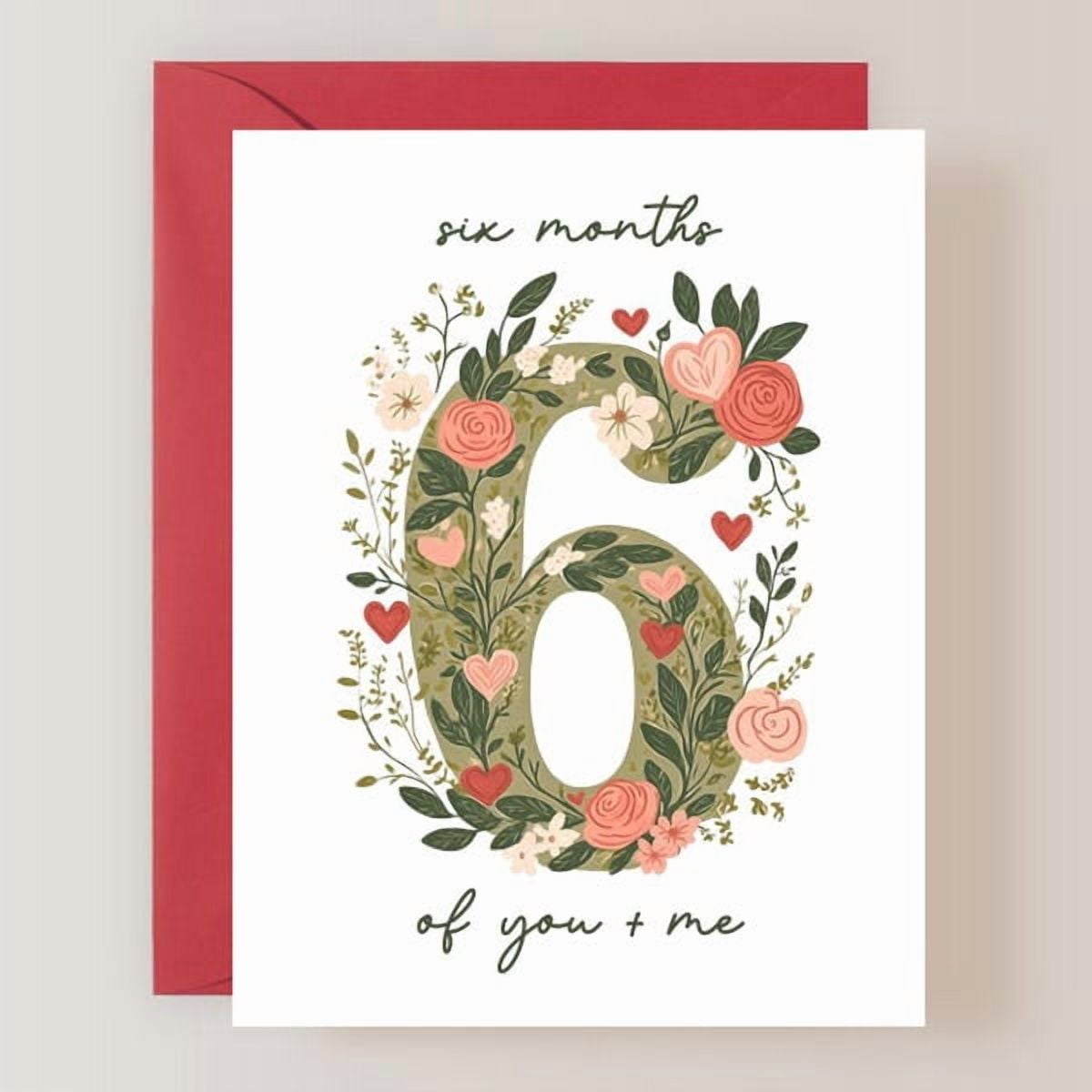 Six Months of You + Me Anniversary Greeting Card, Floral Number 6 Milestone Card for Partner or Spouse, Romantic Botanical Design with Red Envelope