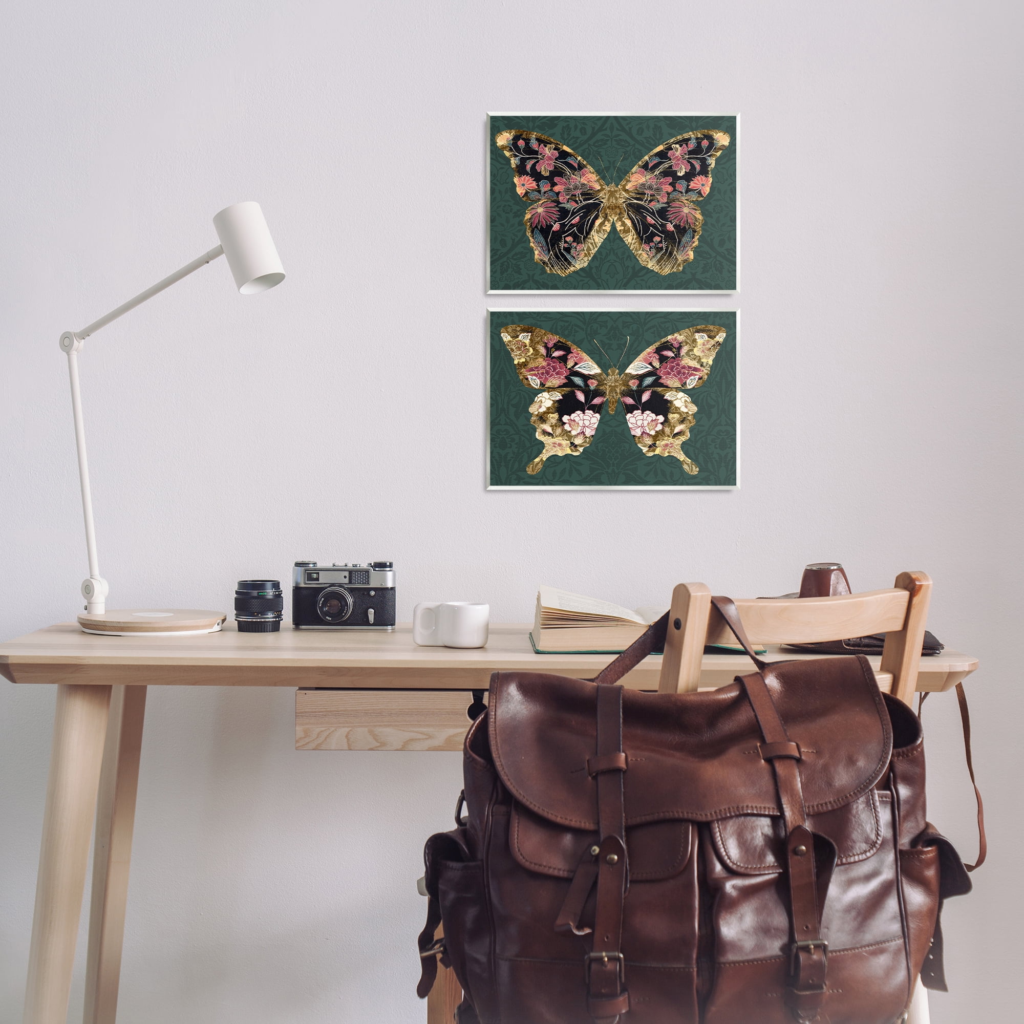Stupell Industries Gold Black Floral Butterfly Animals Painting Unframed Art Print Wall Art, 14 x 11, Set of 2