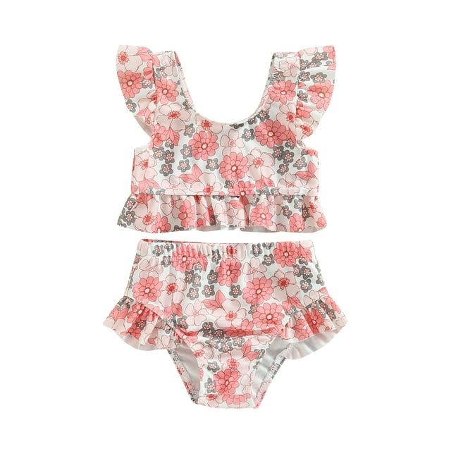 Gupgi Baby Girl Swimsuits, Floral/Cattle Print Ruffles Short Sleeve Crop Tops+Briefs