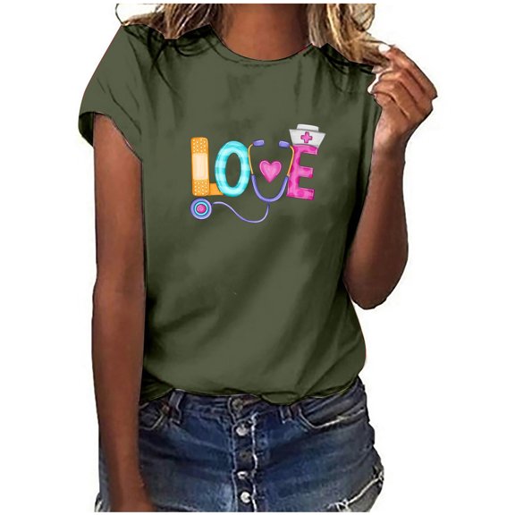 Wycnly Womens Shirts Round Neck Short Sleeve Love Letter Print Summer Cute Tops Nurse's Day Loose Fit Pullover Blouses Army Green xxl Clearance Under $5