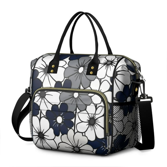 OBREWU Blue Pioneer Flower Women's Insulated Leakproof Large Lunch Bag, Oxford Cloth