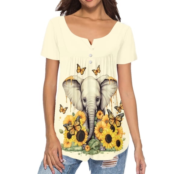 Chririnla Sunflower Womens Summer Tops Cute Elephant Short Sleeve Shirts Plus Size Flowers Pleated Pullover Blouses for Leggings Dressy Casual Tunic Tops