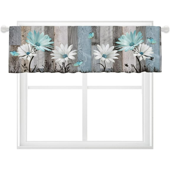 Farmhouse Floral Kitchen Valances for Windows Curtain Bathroom Living Room Bedroom Laundry Room Teal Daisy Flower Kitchen Curtains Valances Window Topper Curtain Short 1 Panel (55x18 Inch)