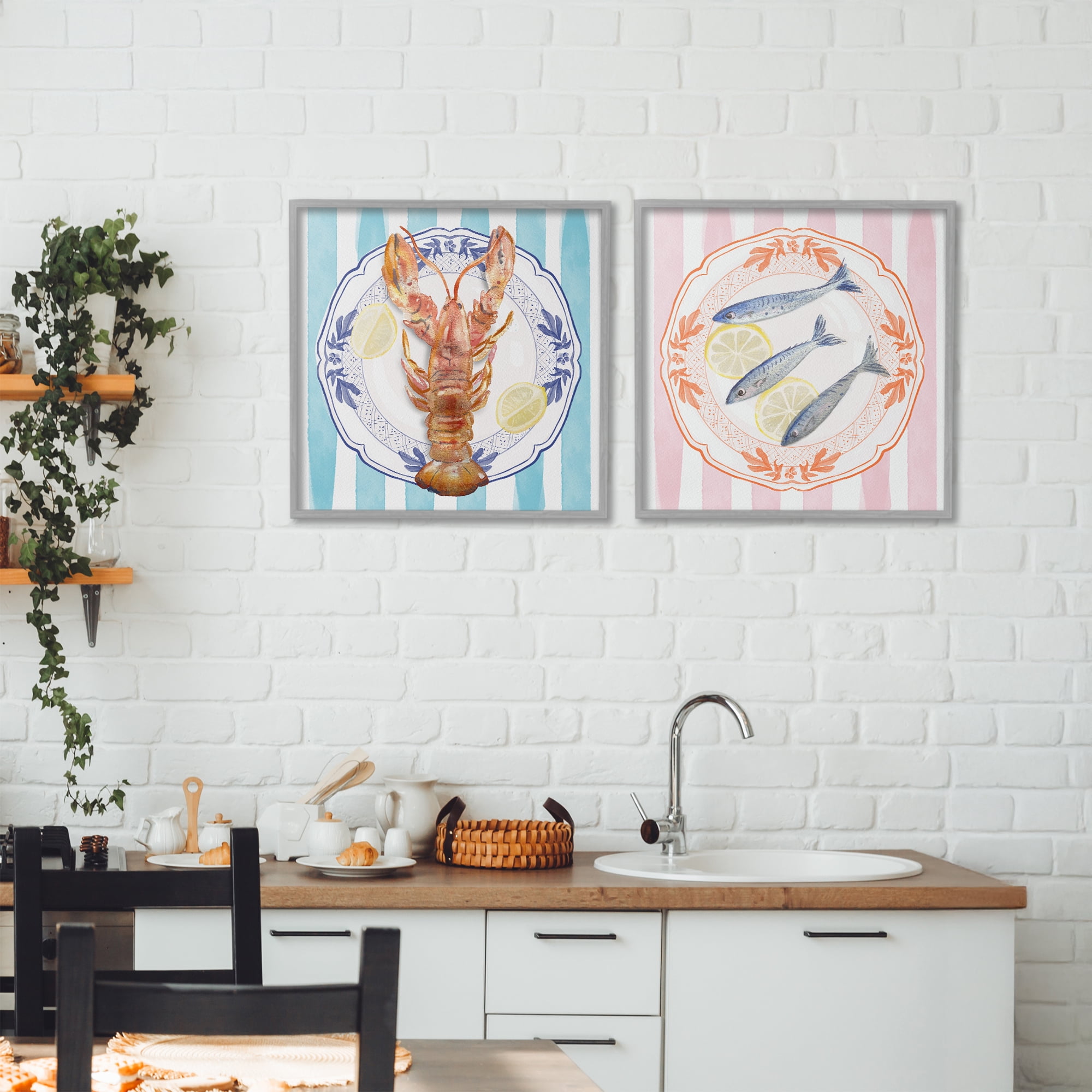 Stupell Industries Lobster & Sardines Plates 2 Piece Gray Framed Giclee Art Set, design by Christie Adams