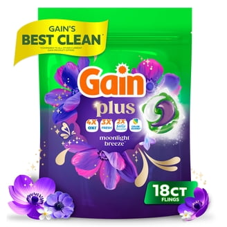 Gain Plus Flings Laundry Detergent Liquid Washing Pacs, Gain's Best All-In-One Clean, Moonlight Breeze Scent, 18 Count
