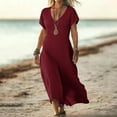 thumbnail image 1 of TaTaai Short Sleeve V-Neck Maxi Dress Women's Solid Color Casual Dress with Lock Detail Stretchy Polyester Blend Summer Wear Gift, 1 of 6