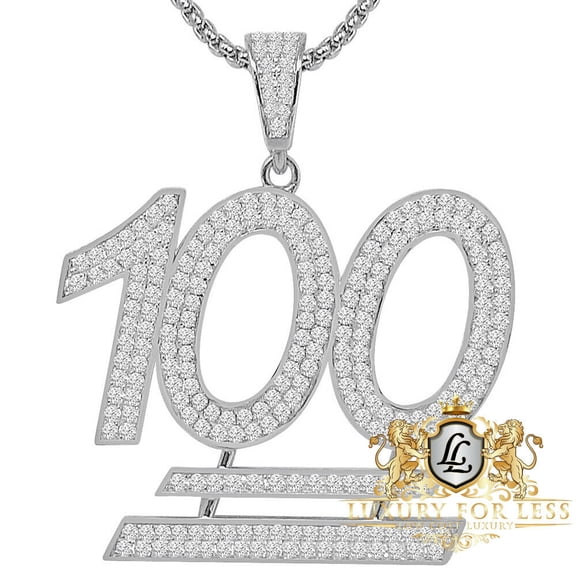 Large Real Sterling Silver Over 14K White Gold Simulated Diamond 100% Emoji Logo Men's Charm Pendent