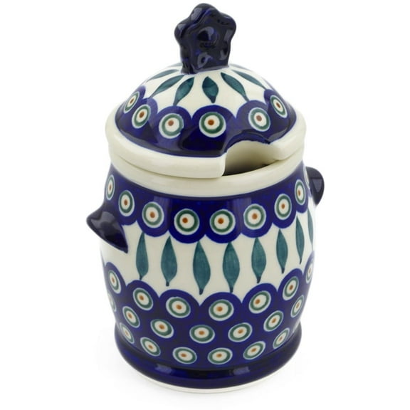 Polish Pottery 7¼-inch Jar with Lid and Handles (Peacock Leaves Theme) Hand Painted in Boleslawiec, Poland Certificate of Authenticity