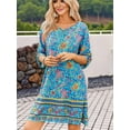 thumbnail image 3 of Women Casual Beach Summer Dress Boho Tassel Tie Neck 3/4 Long Sleeve Short Floral Print Flowy Cover Up Sundresses Blue S, 3 of 6