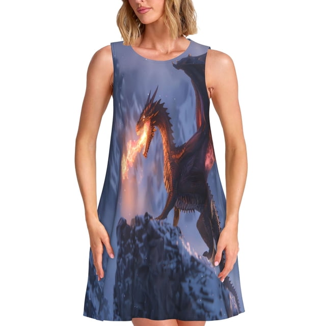 Bixox Robe Sans Manches à Imprimé Dragon de Feu pour Femmes avec Poches, Robe Décontractée Longueur Genou pour l'Été-Petite