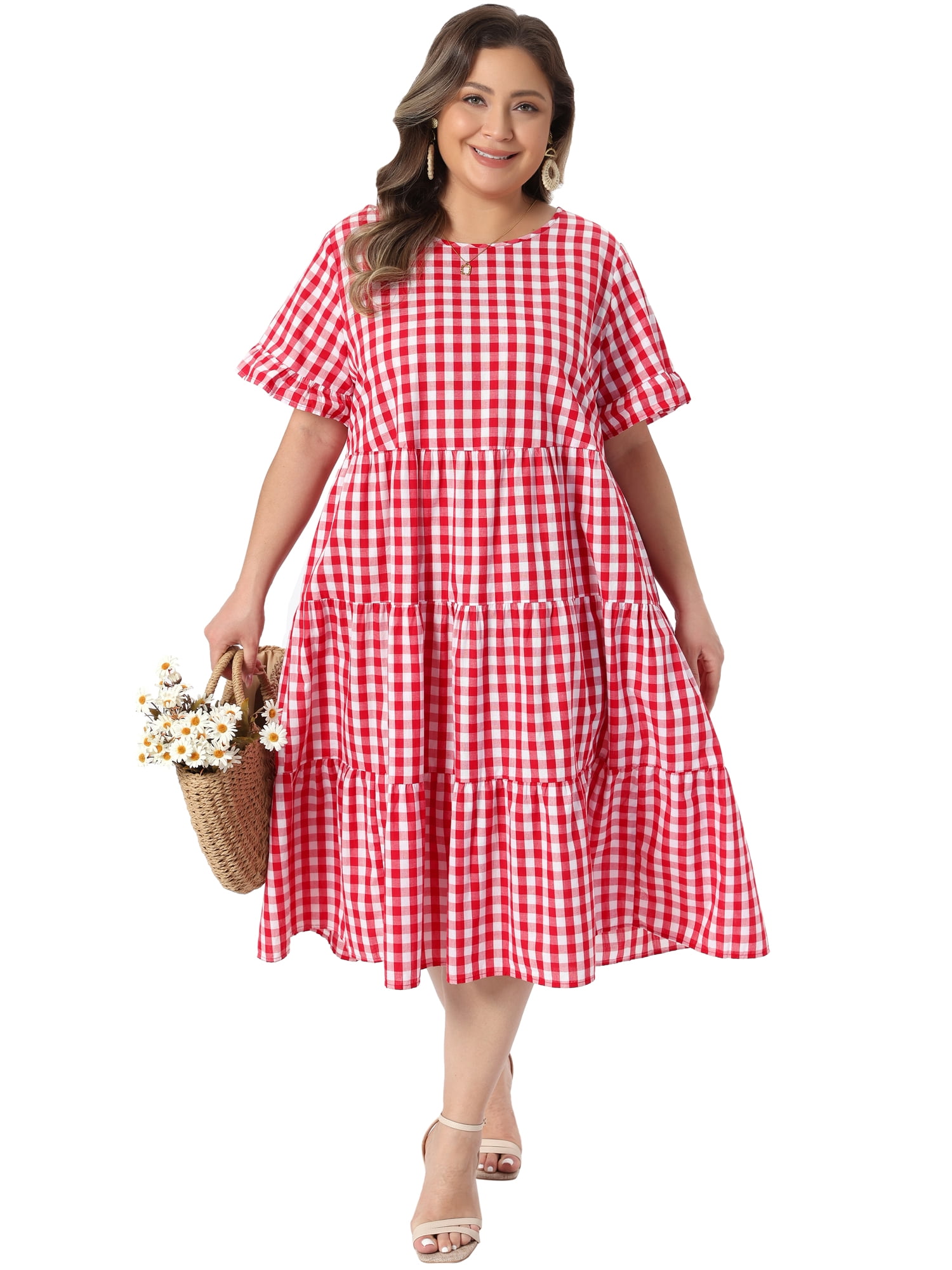 DARING DIVA Women's Plus Gingham Plaid Round Neck Dress 2X Red