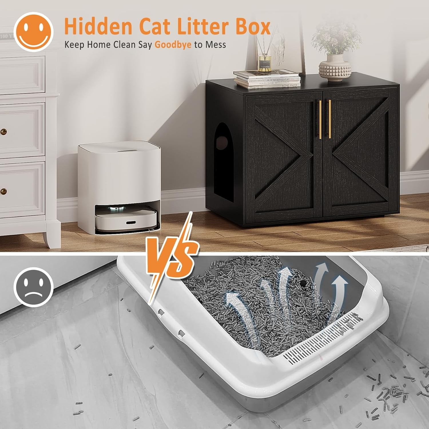 Garvee Cat Litter Box Enclosure, Hidden Cat Litter Box Cabinet with Double Doors, Ventilation, and Cushion Pads, Farmhouse Wooden Kitty Furniture for Cats and Small Pets, Black