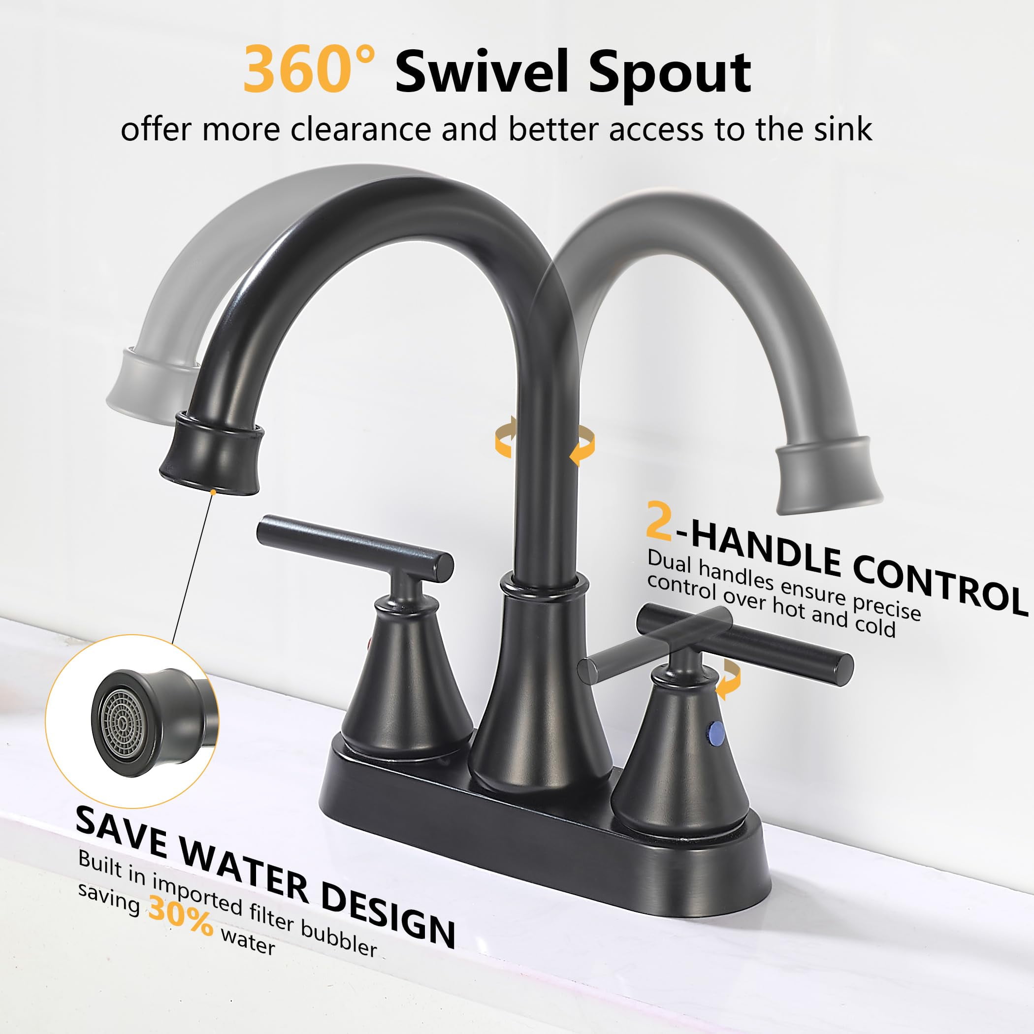 Kede Bathroom Sink Faucet 4 Inch 2 Handle Centerset Lead-Free Matte Black Modern Bathroom Faucet Vanity Faucet with Pop-up Drain Stopper and Supply Hoses