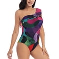 thumbnail image 3 of Cauagu Vibrant Abstract Flow Print Women's Sexy One Piece Swimsuits One Shoulder Ruffle Tummy Control Bathing Suit Slimming Swimwear-X-Large, 3 of 6