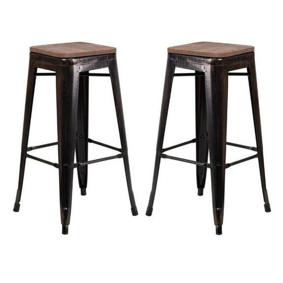 Home Square 30" Backless Metal Stool In Black-Antique Gold - Set of 2