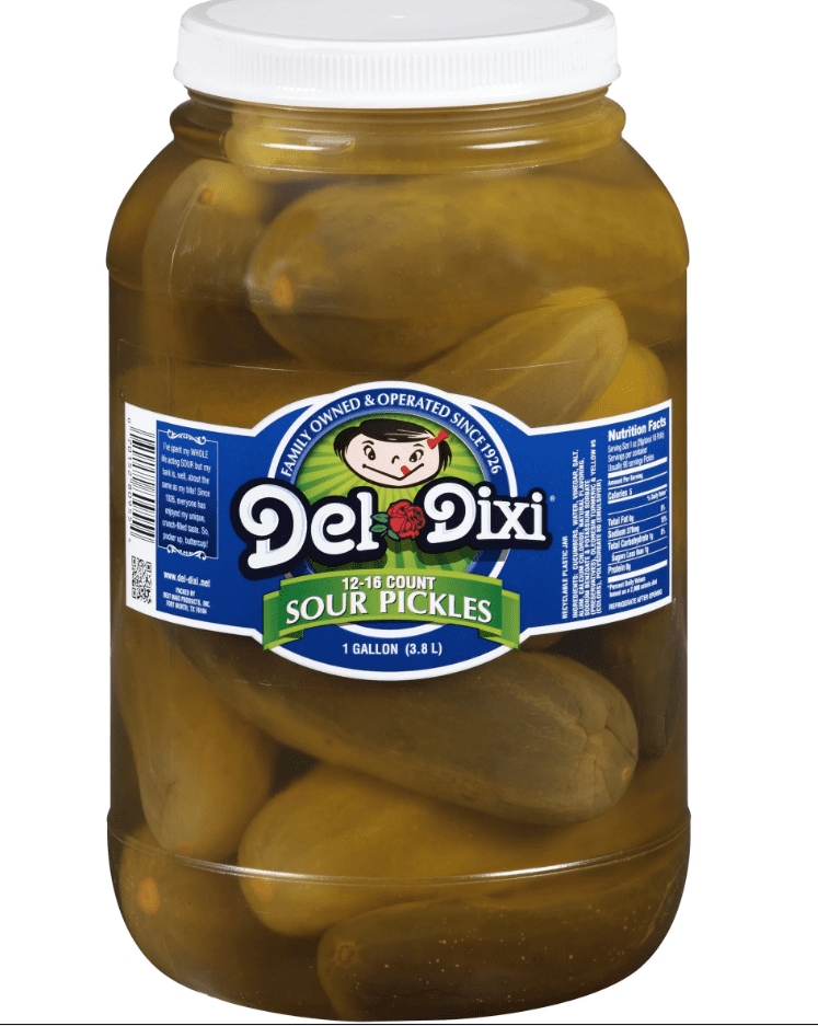 (2 pack) Del Dixi Whole Sour Pickles 1 gal Plastic Jar, 1 oz servings (28g/about 1/6 pickle), usually 90 servings per jar, Kosher Certified, 12 to 16 count