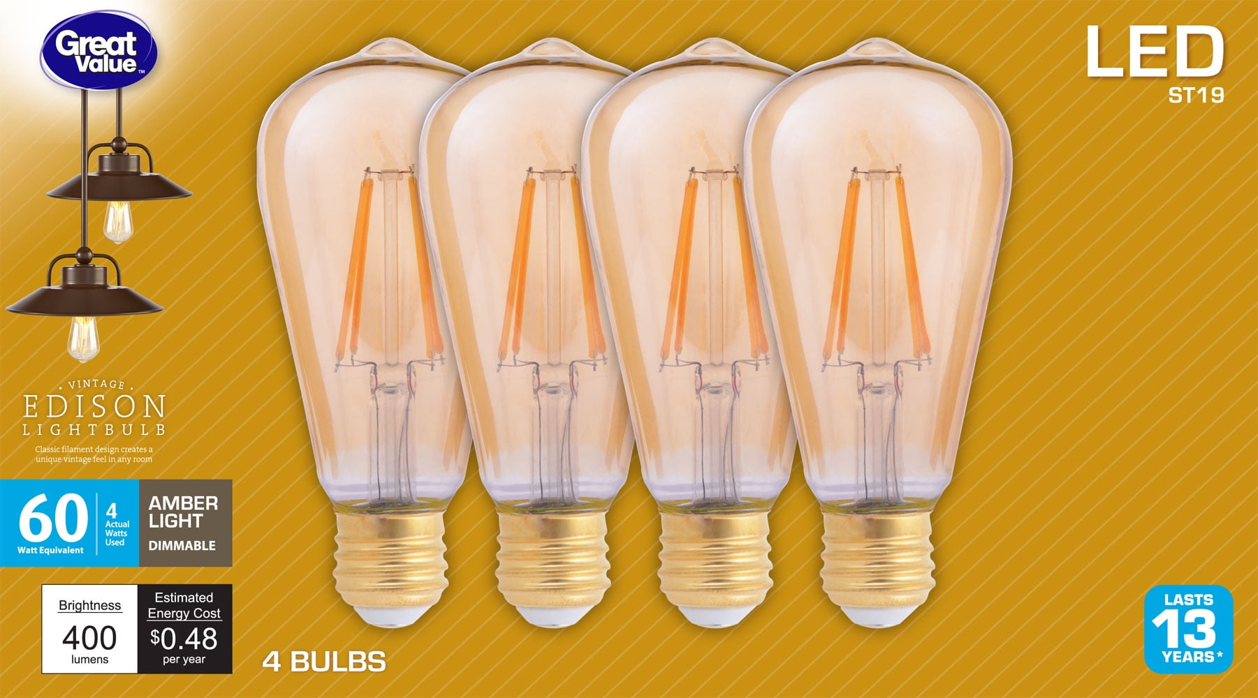 Yellow 60 Watt A19 LightBulb 60A19/CY Guaranteed LongLife Made in USA 4-Bulbs 
