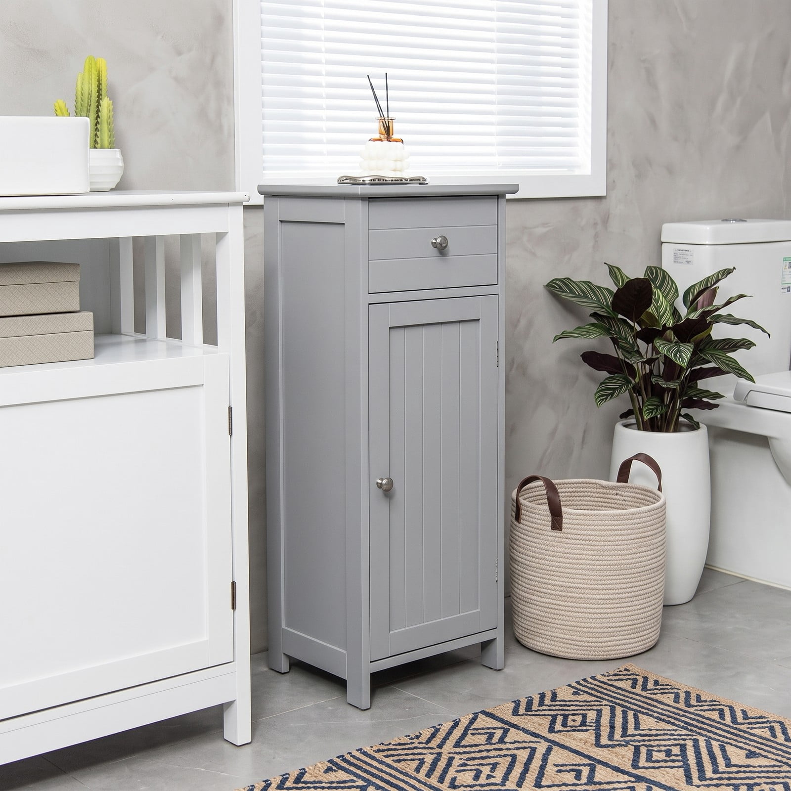 ALPULON Wooden Bathroom Floor Storage Cabinet with Drawer and Adjustable Shelf, Freestanding MDF Side Organizer for Bathroom Entryway Living Room, Gray