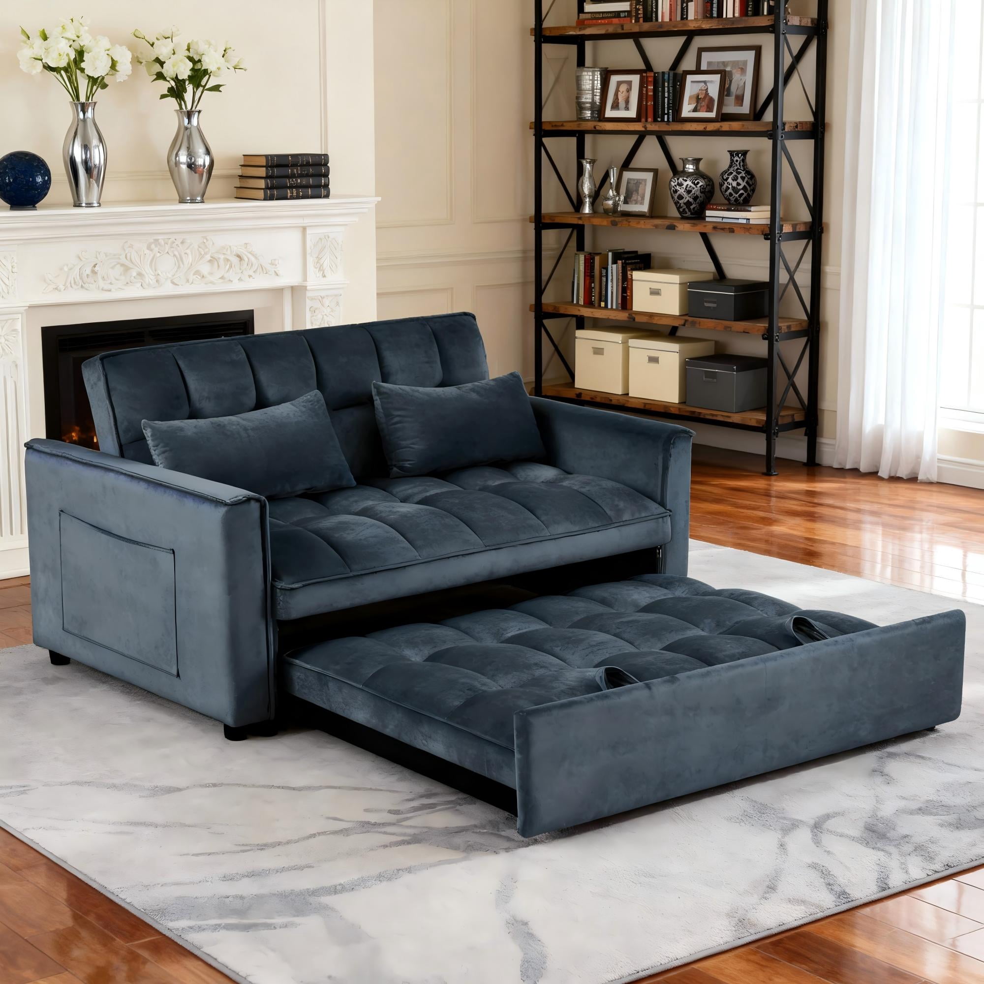 BSHTI 3 in 1 Modern Velvet Loveseat Sofa Bed-3-Position Adjustable Convertible Sleeper, Side Storage Pockets, Square Tufted, Easy Assembly, for Small Space Apartment,Black